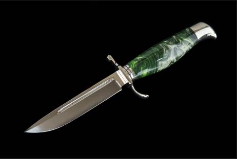 Нож всадной "Финка с пяткой НКВД" зелёный акрил (Туристического назначения) для охоты и рыбалки из сталей bohler к340, н690, х12мф, 95х18, д2 и др.